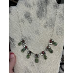 Sterling Silver Sonoran Gold Turquoise Red Dahlia Mother Pearl Teardrop Necklace